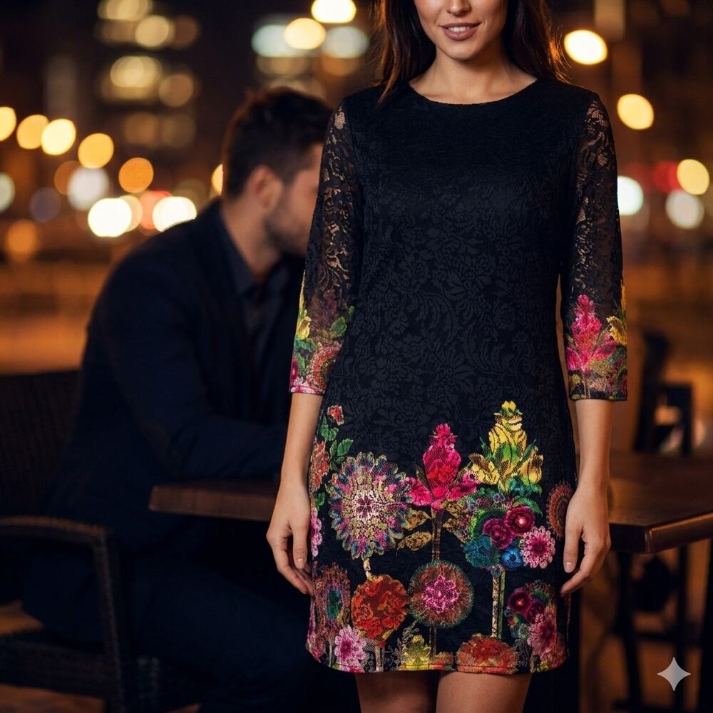 NWT Desigual Chipi Black Lace Floral Sheath Mini Dress 3/4 Sleeves Womens 38/4